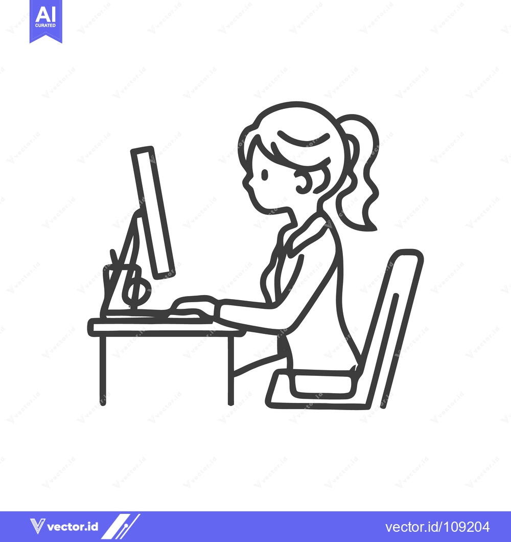Premium Vector of Minimalist Line Art: Woman Working at Computer Desk Illustration
