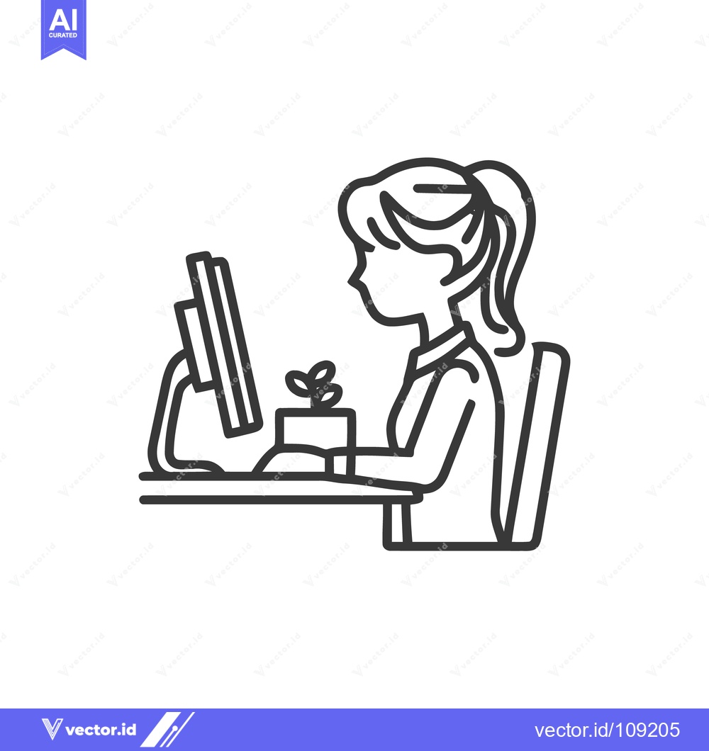 Premium Vector dari Minimalist Line Art: Woman Working at Computer with Plant