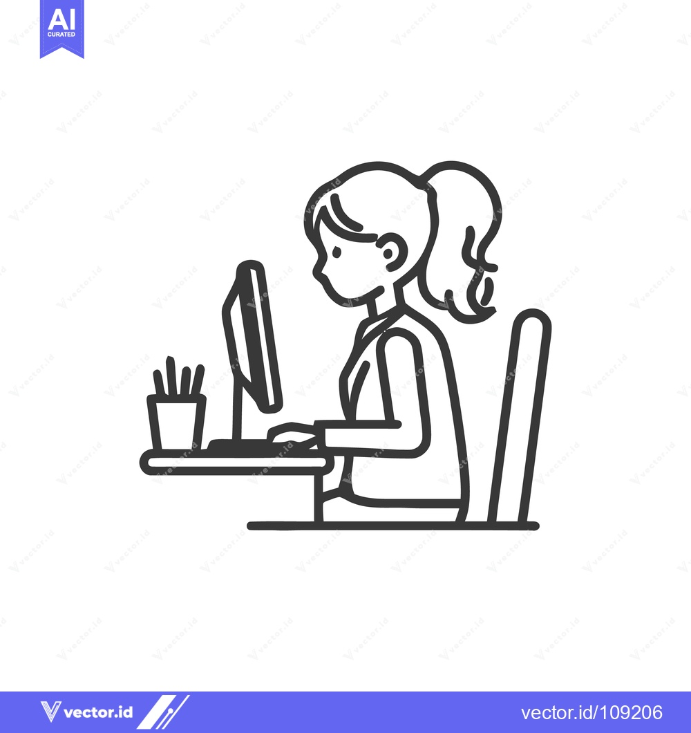 Premium Vector dari Minimalist Line Art: Woman Working at Computer Desk with Pencil Holder