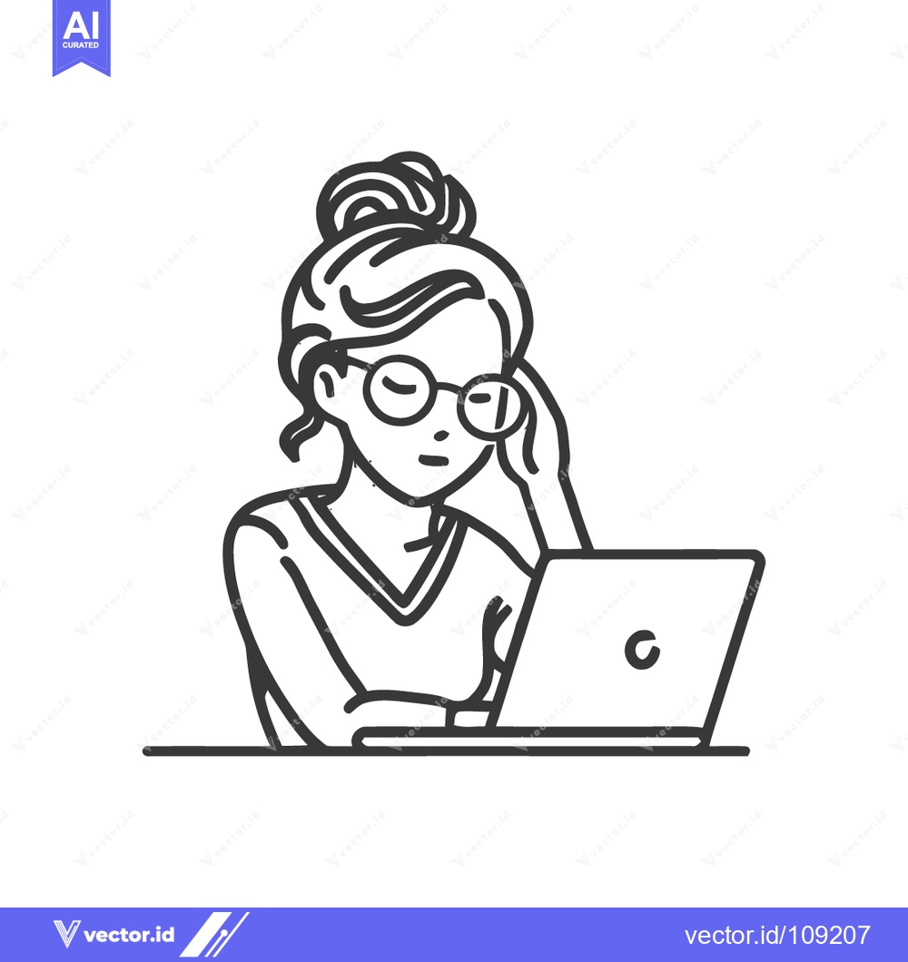 Premium Vector of Line Art: Woman with Glasses Working on Laptop, Hand on Head
