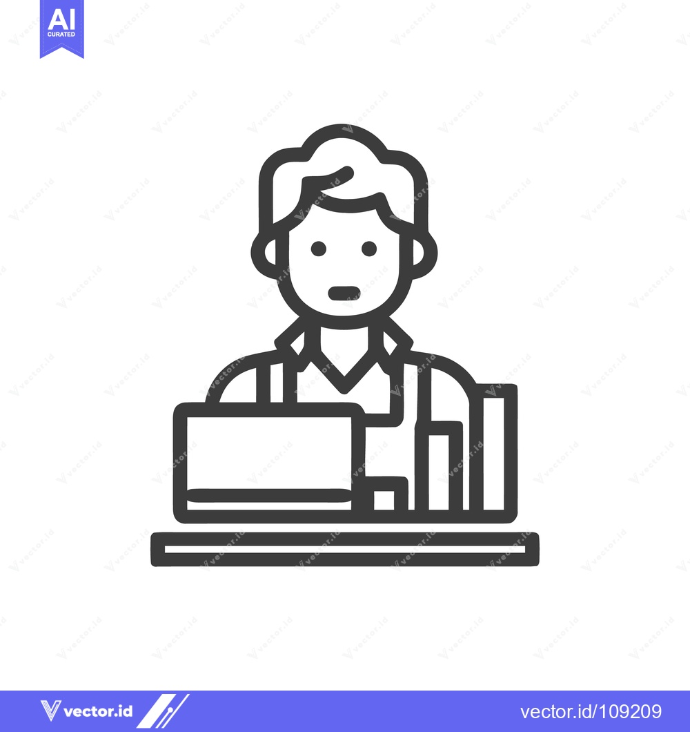 Premium Vector of Minimalist Icon: Man Working at Desk with Laptop and Books