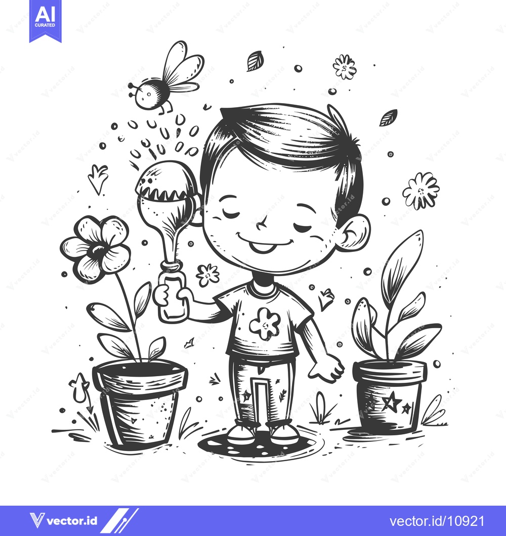 Premium Vector of A Boy Joyfully Watering Plants With a Sprinkler