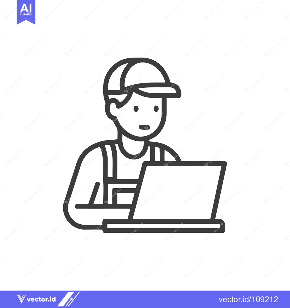 Premium Vector dari Line Art: Technician with Laptop, Isolated on White Background