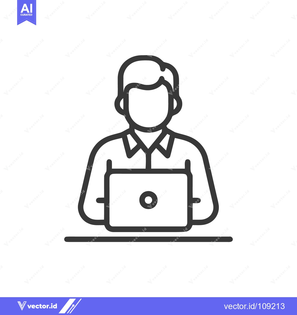 Premium Vector of Minimalist Icon: Person Working on Laptop, Desk, Outline Style