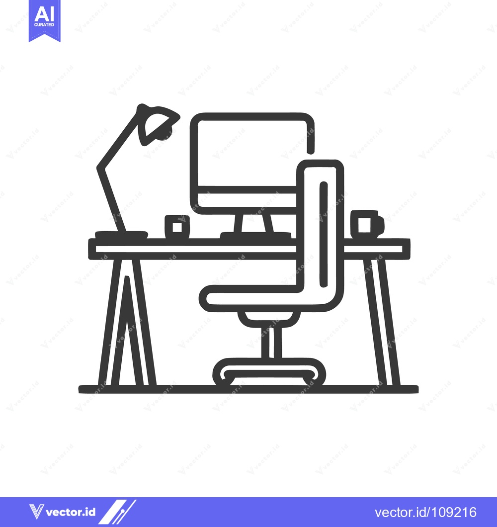 Premium Vector dari Minimalist Workspace Icon: Desk, Computer, Lamp, Chair, and Coffee Cup