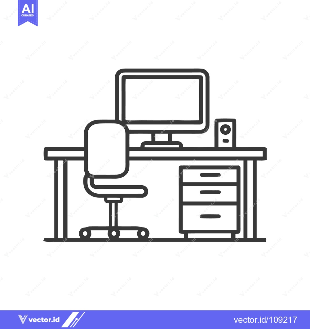 Premium Vector dari Minimalist Office Desk Illustration with Computer and Chair in Line Ar