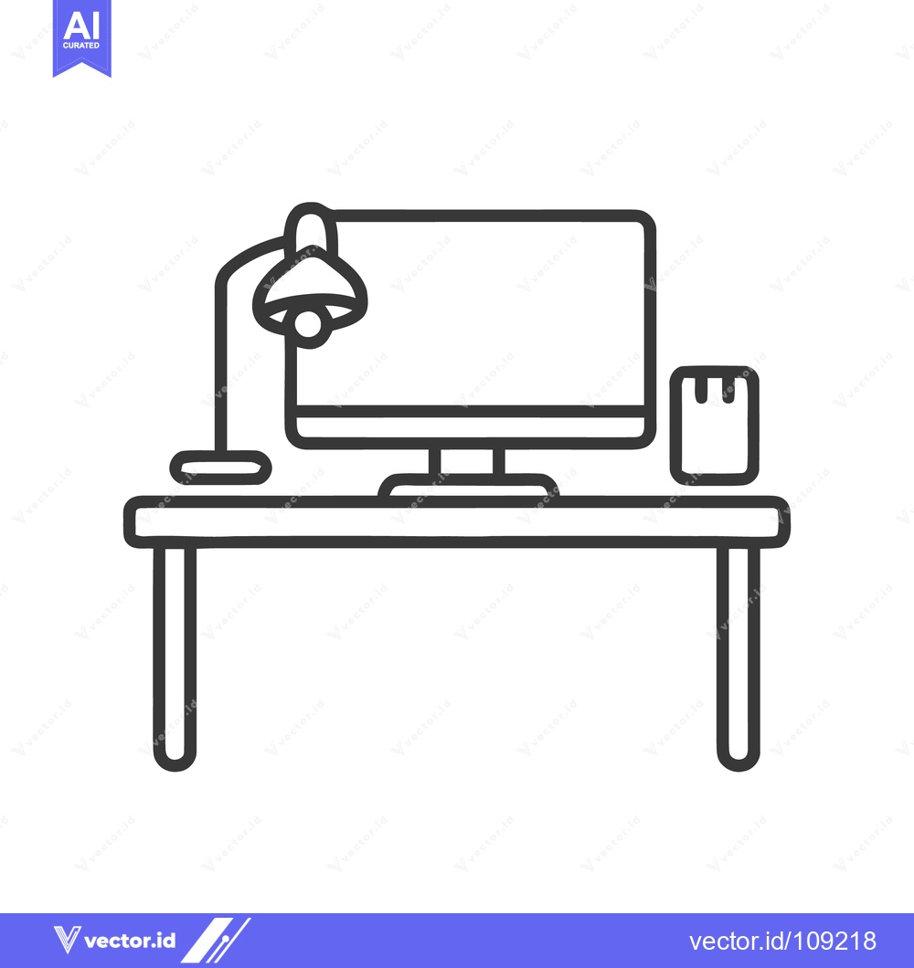Premium Vector of Minimalist Desk Setup: Computer, Lamp, and Organizer Line Art