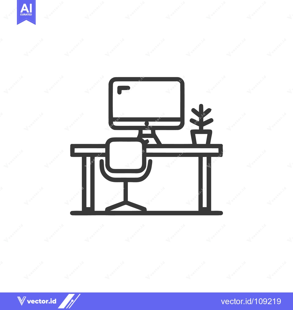 Premium Vector of Minimalist Desk Setup Icon with Computer, Chair, and Plant Illustratio