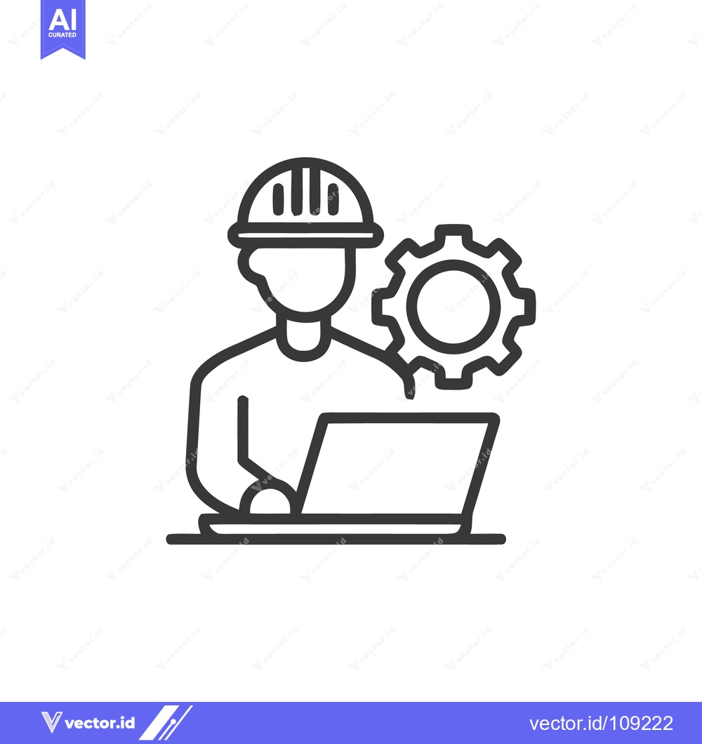 Premium Vector dari Engineer with Laptop and Gear: Modern Industry Line Icon Illustration