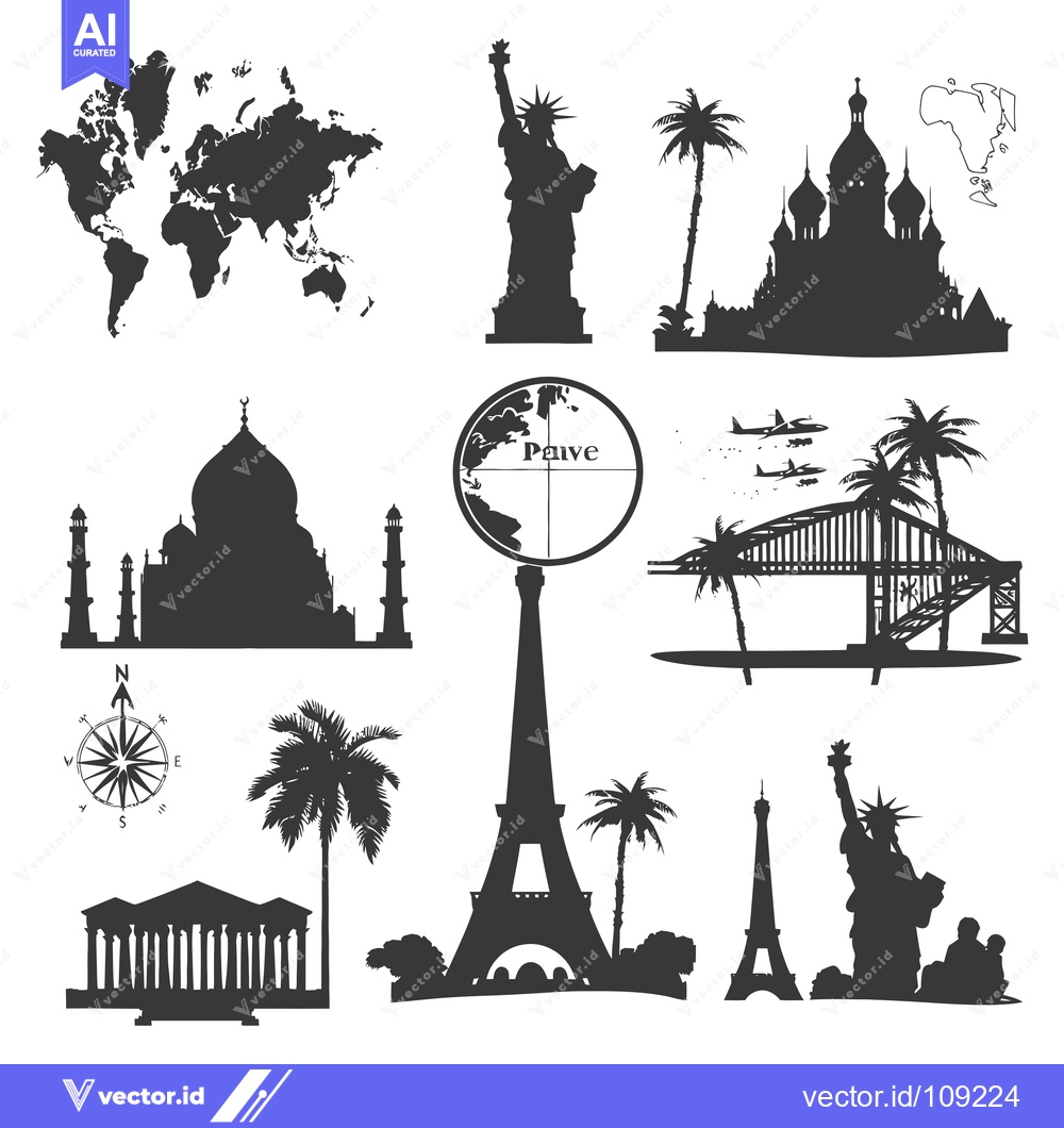 Premium Vector dari World Landmarks Silhouettes with Palm Trees and Compass