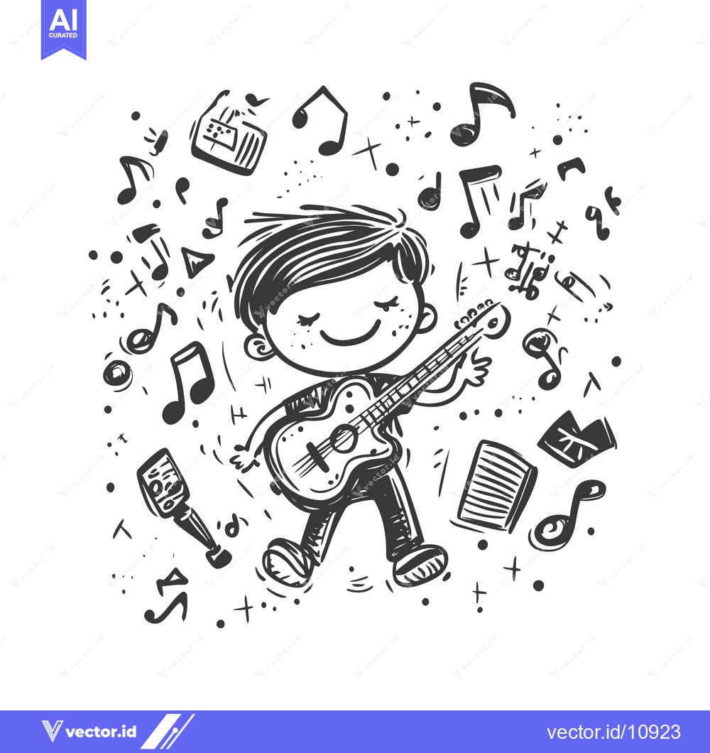 Premium Vector of A Boy Playing Guitar Surrounded by Music Notes