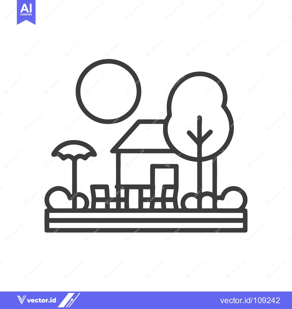 Premium Vector dari Minimalist Line Art: House, Sun, Tree, and Umbrella Scene