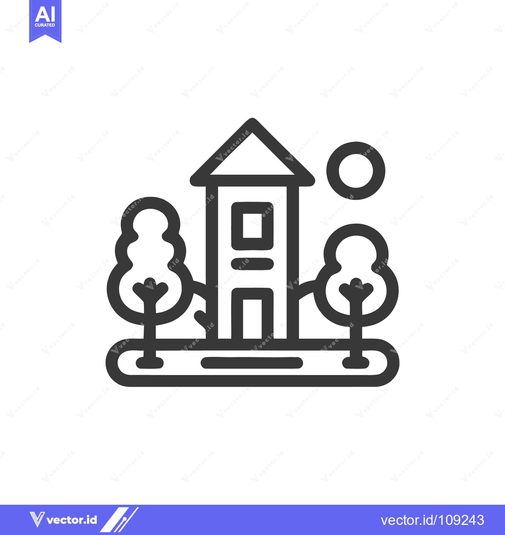 Premium Vector dari Minimalist House Icon with Trees and Sun, Outline Style
