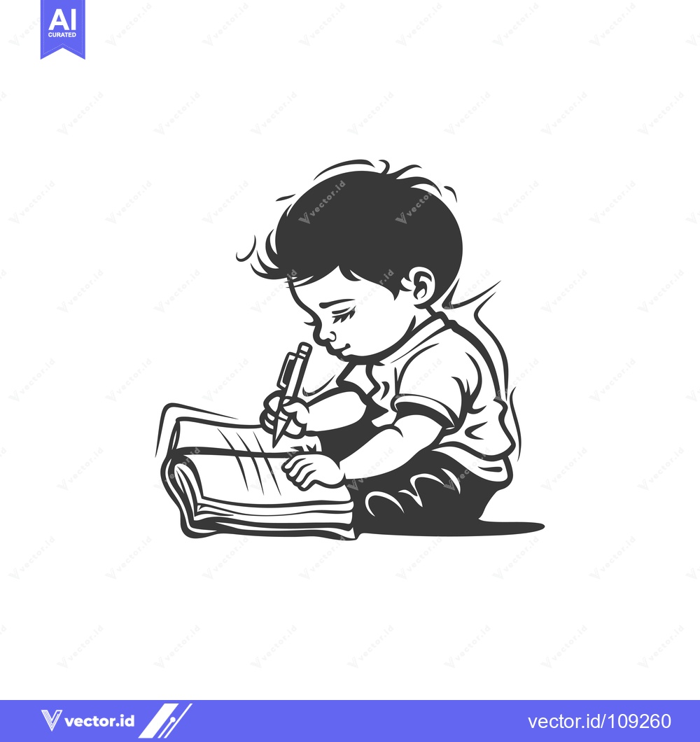 Premium Vector of Young Boy Concentratedly Writing in a Notebook