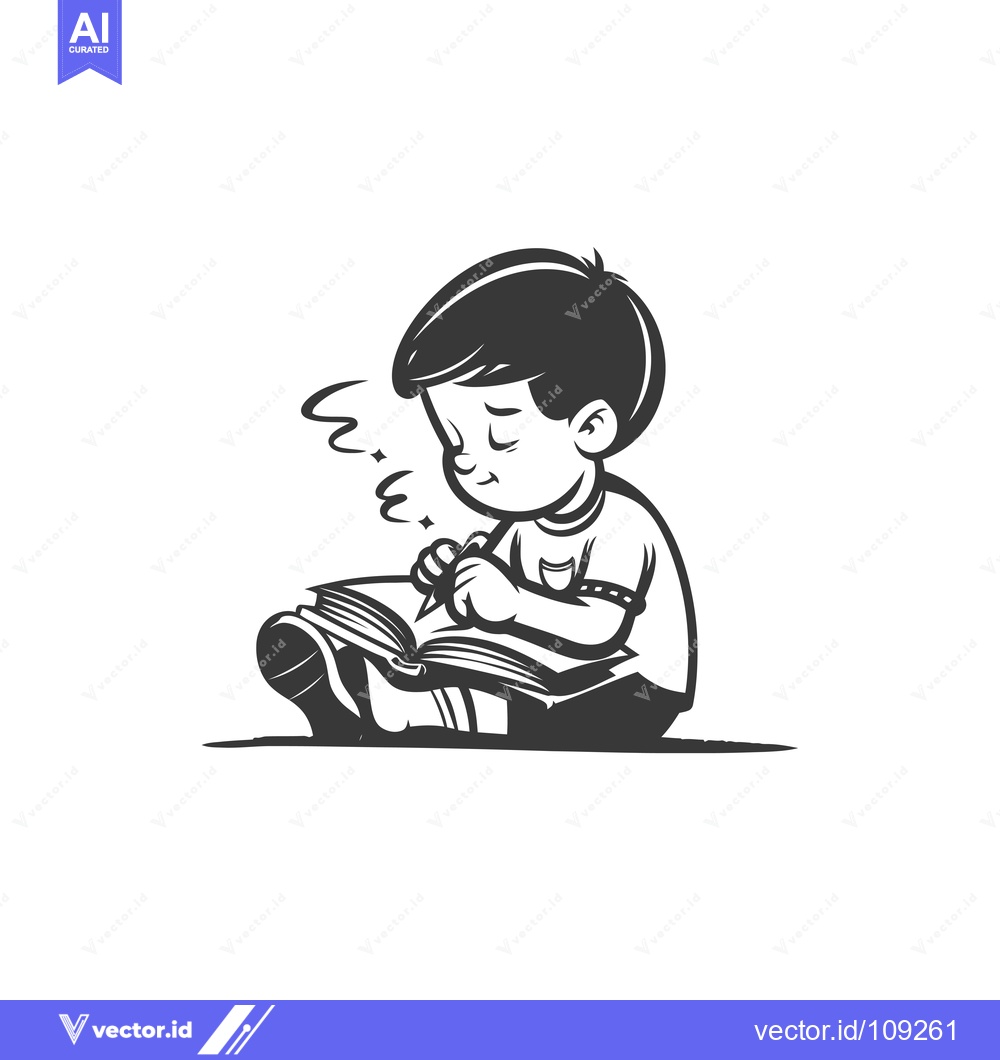 Premium Vector dari Young Boy Concentrated on Writing in a Book
