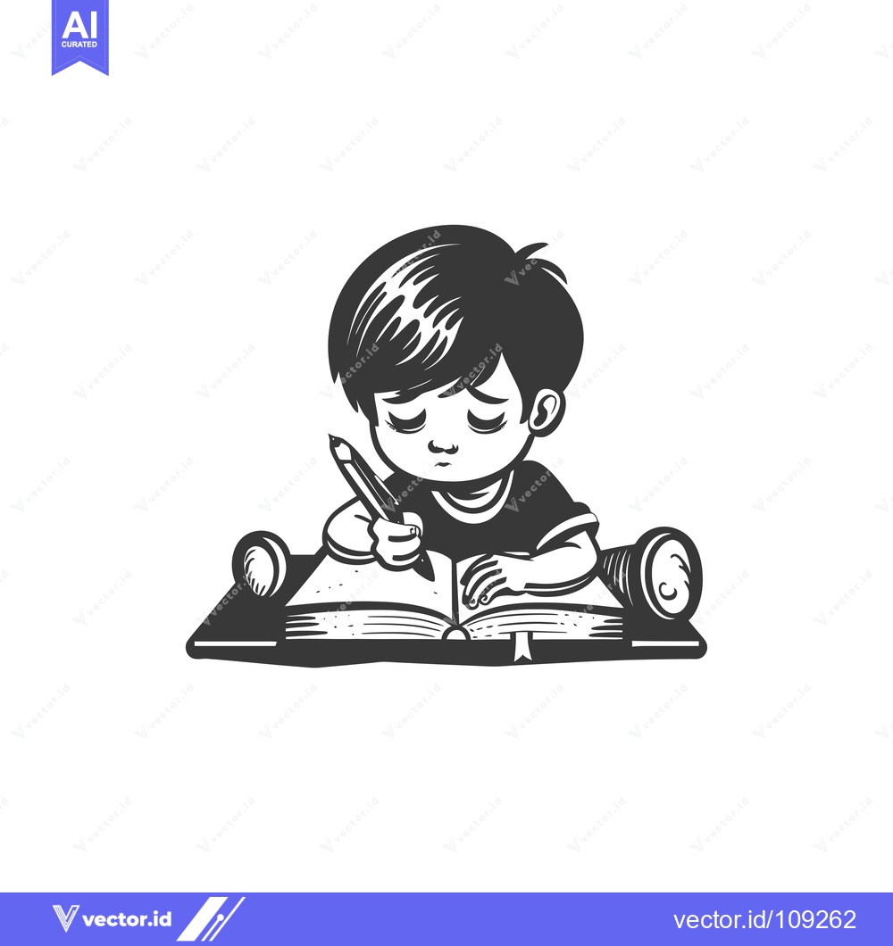 Premium Vector of Young Boy Focused on Writing in a Book