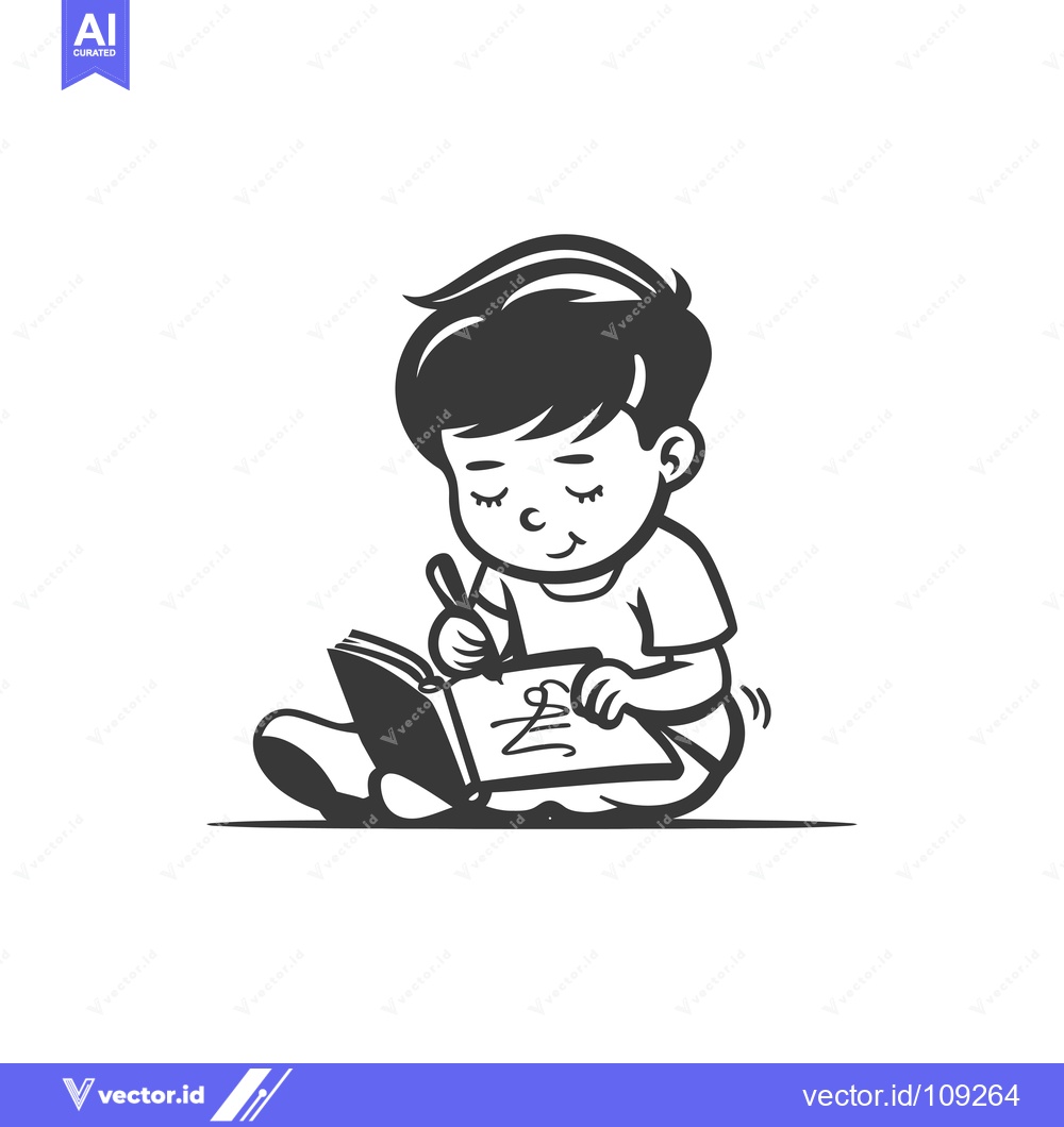 Premium Vector dari Young Boy Sitting and Drawing in a Book
