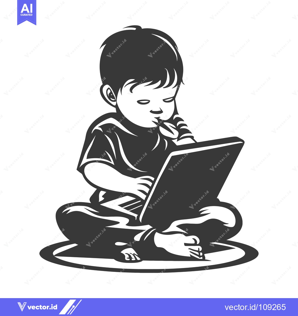 Premium Vector of Young Boy Sitting and Using a Laptop