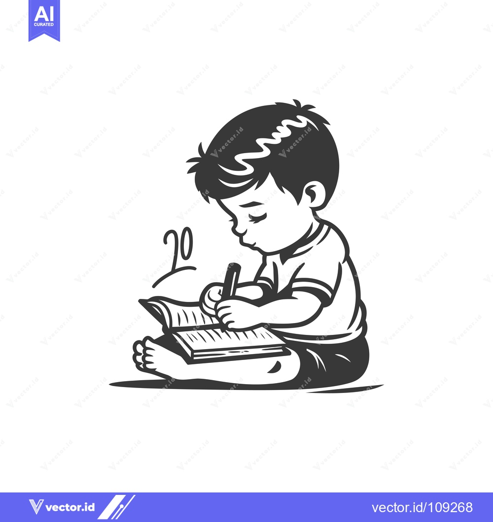 Premium Vector dari Young boy sitting, writing in a notebook with a pencil