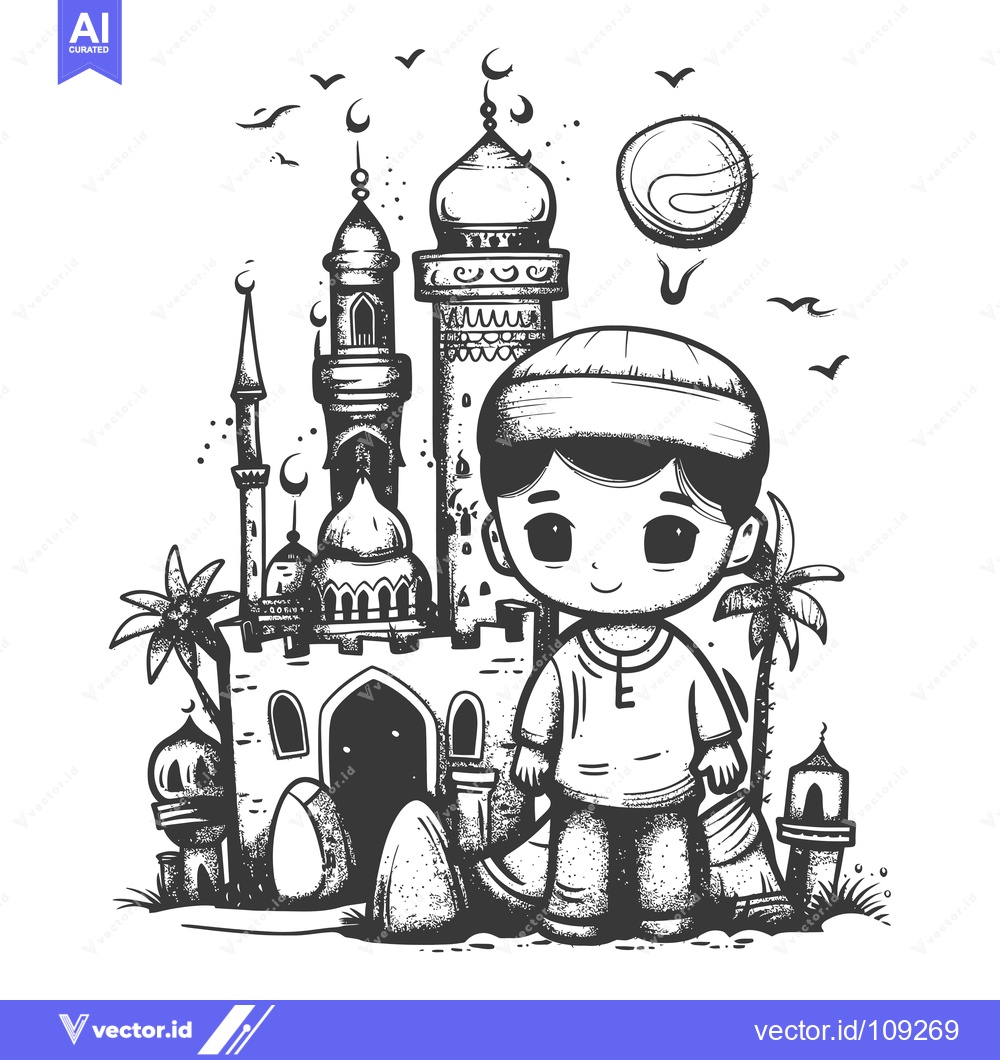 Premium Vector dari Young Boy Standing in Front of Mosque with Palm Trees and Birds
