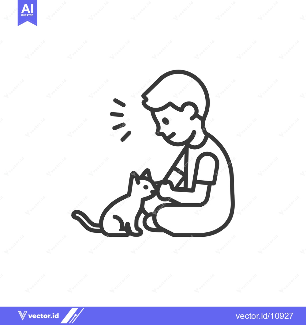 Premium Vector of A Boy Sitting and Looking Down at a Kitten