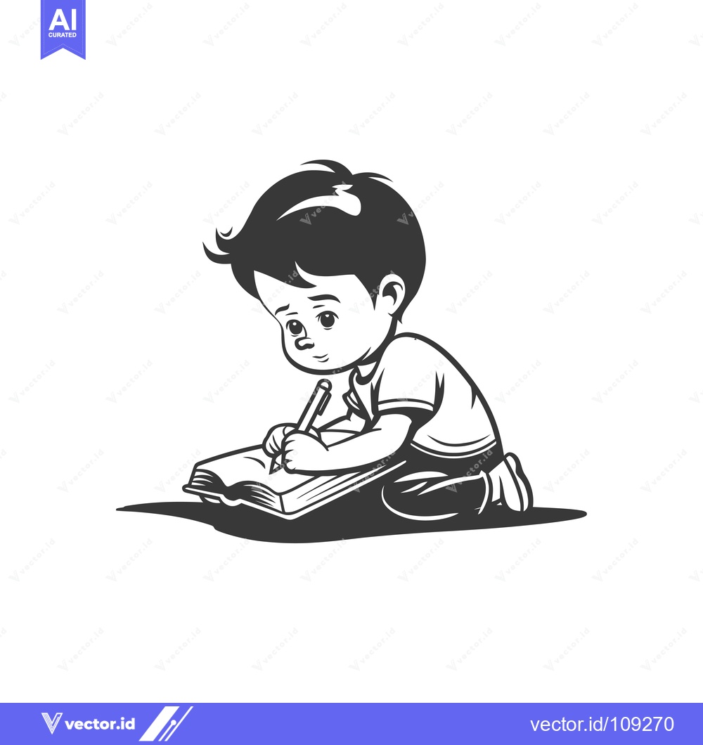 Premium Vector of Young Boy Writing in a Book with a Pencil