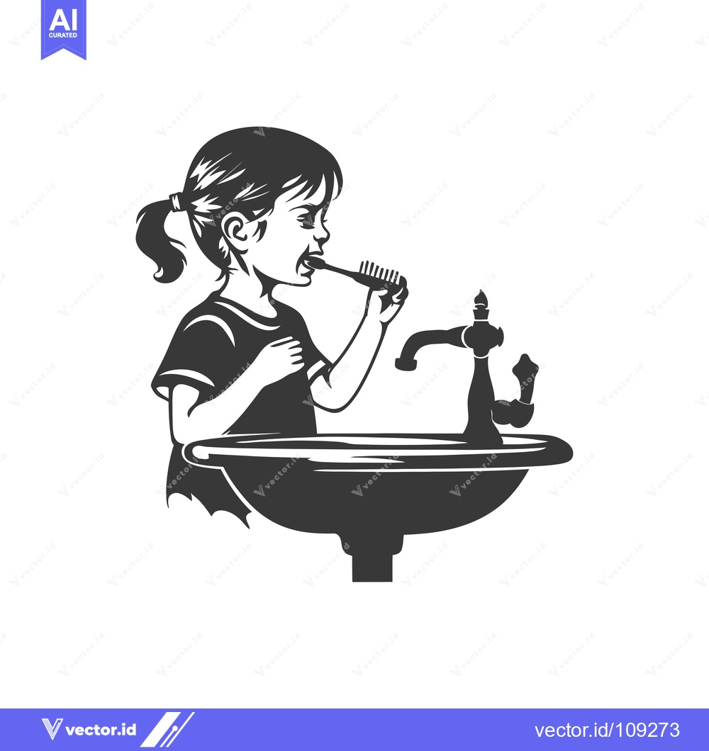 Premium Vector dari Young Girl Brushing Teeth in Bathroom Sink