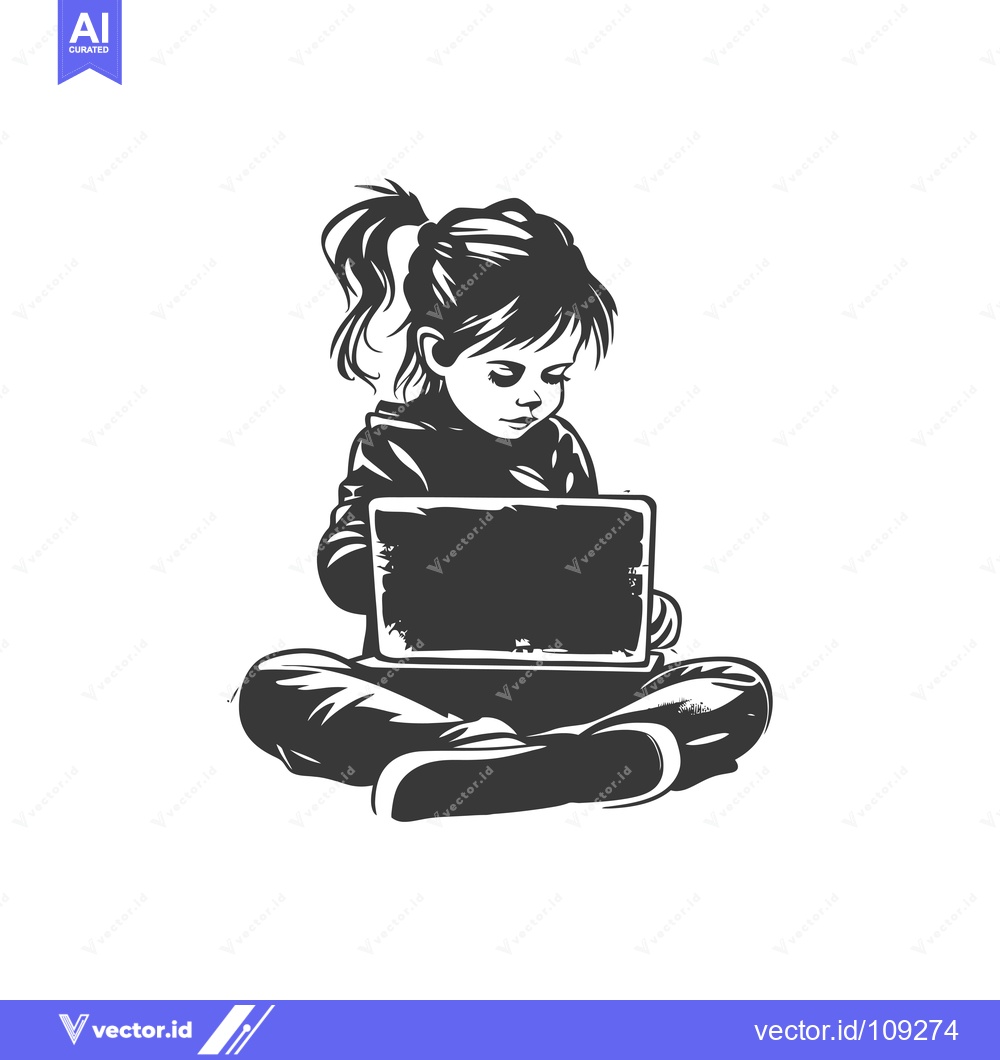 Premium Vector of Young Girl Focused on Laptop Screen in Silhouette
