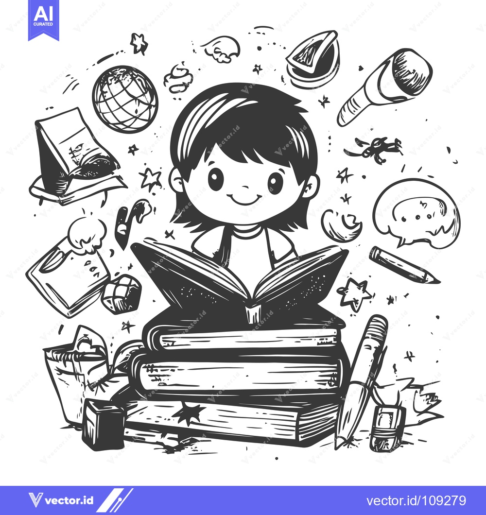 Premium Vector dari Young Girl Reading a Book Surrounded by School Supplies