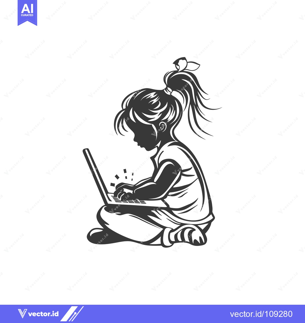 Premium Vector dari Young Girl Sitting and Using a Laptop Computer