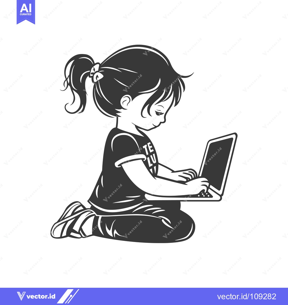 Premium Vector dari Young Girl Sitting with Laptop Computer