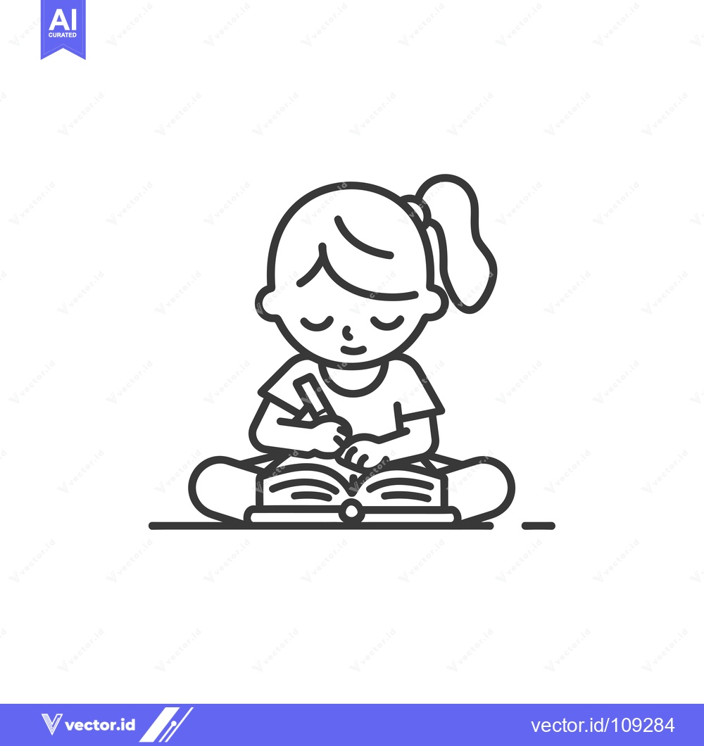 Premium Vector dari Young Girl Studying While Sitting on Floor with Open Book and Pen