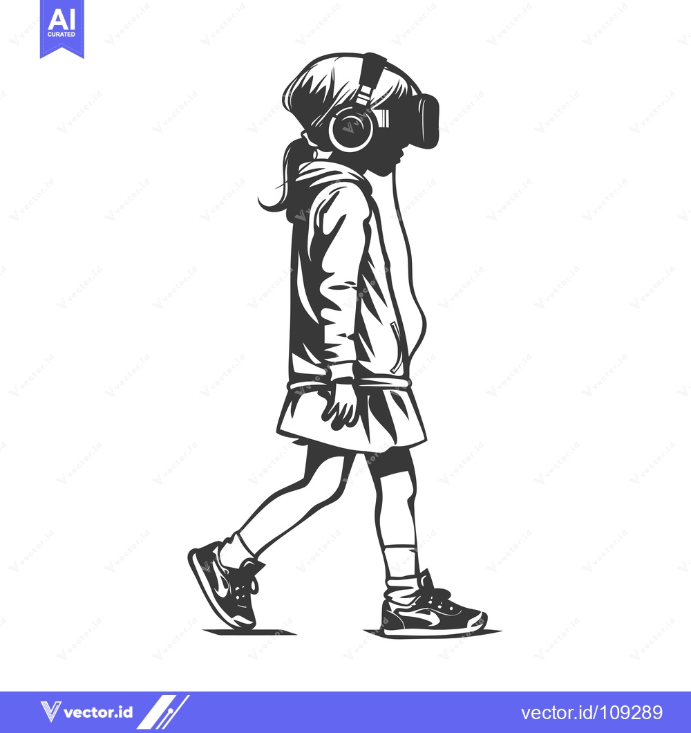 Premium Vector of Young Girl Walking with VR Headset and Headphones