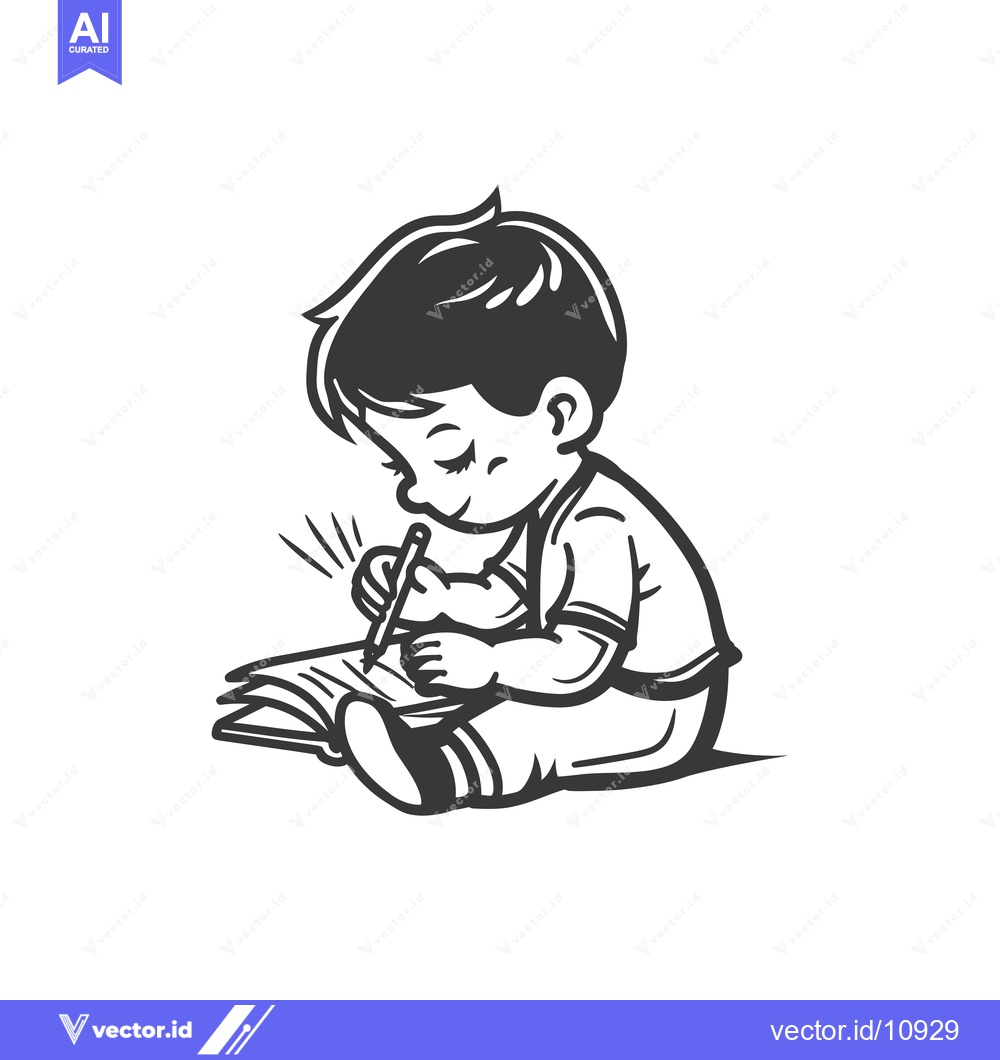 Premium Vector of A Boy Sitting and Writing in a Book with a Pencil