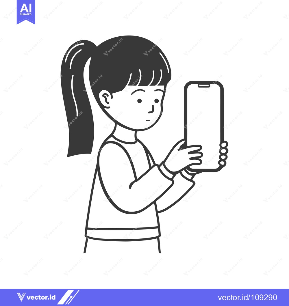 Premium Vector of Young girl with ponytail holding a smartphone