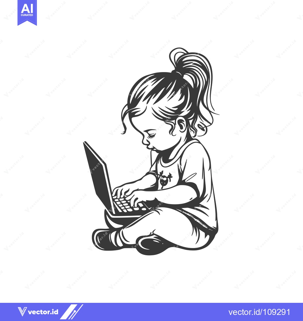 Premium Vector dari Young girl with ponytail using a laptop computer