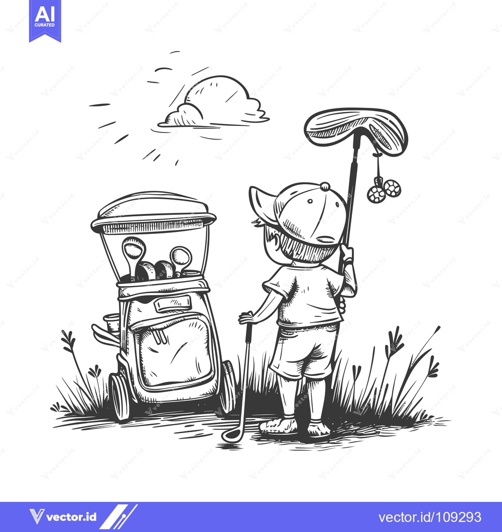 Premium Vector dari Young Golfer with Bag and Club in a Hand-Drawn Illustration