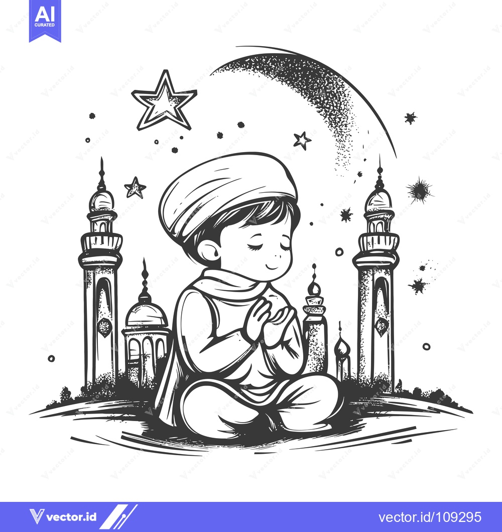 Premium Vector dari Young Muslim Boy Praying with Mosques and Crescent Moon in Background