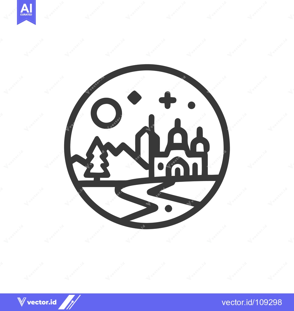 Premium Vector dari Minimalist Landscape Icon: Winding River, Mountains, Cityscape, and Ce