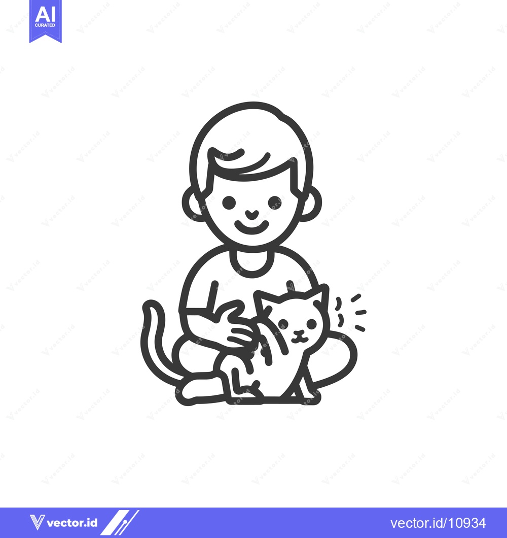 Premium Vector of A Boy Sitting with a Cat and Petting It