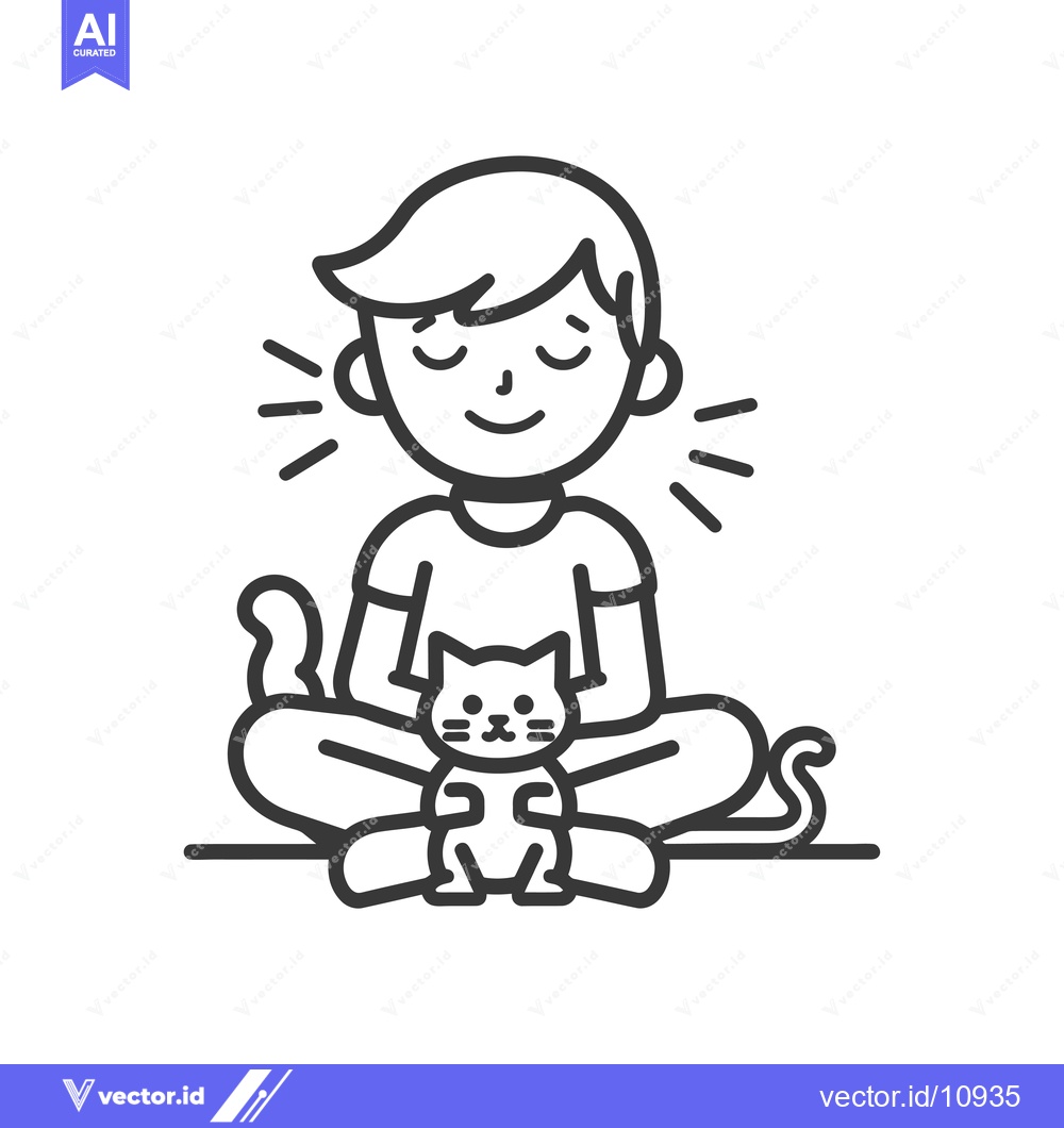 Premium Vector dari A boy sitting with his legs crossed, holding a cat, with eyes closed a