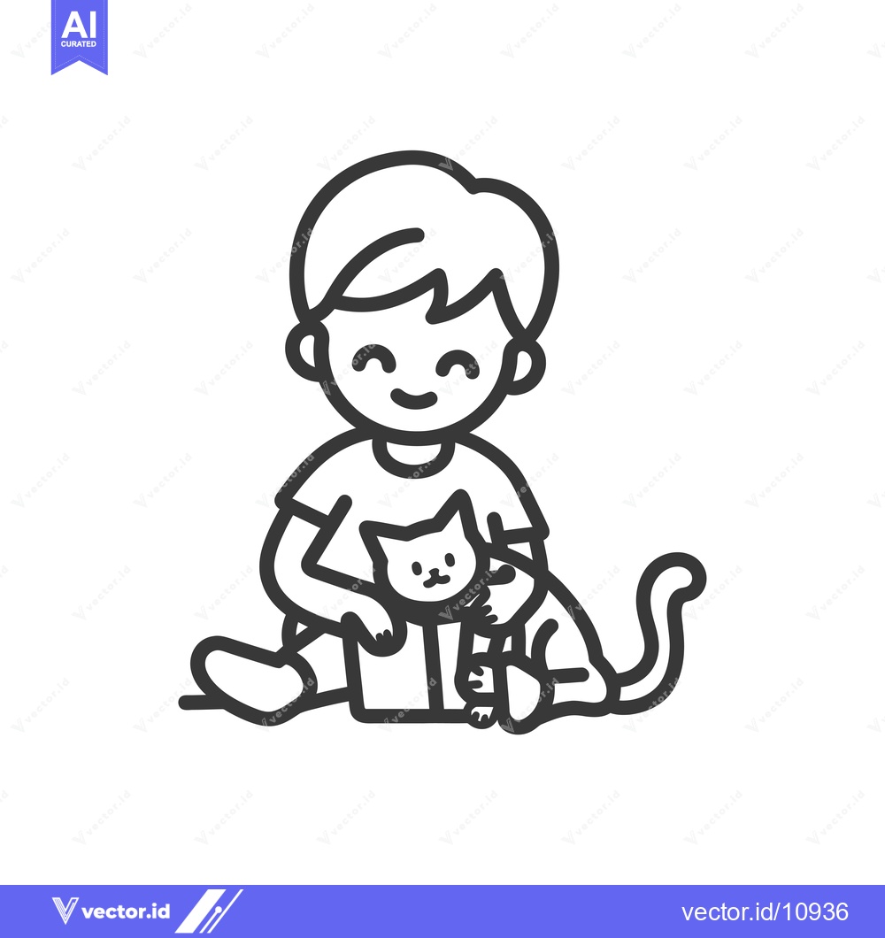 Premium Vector dari A boy sitting with his pet cat, outlined in black