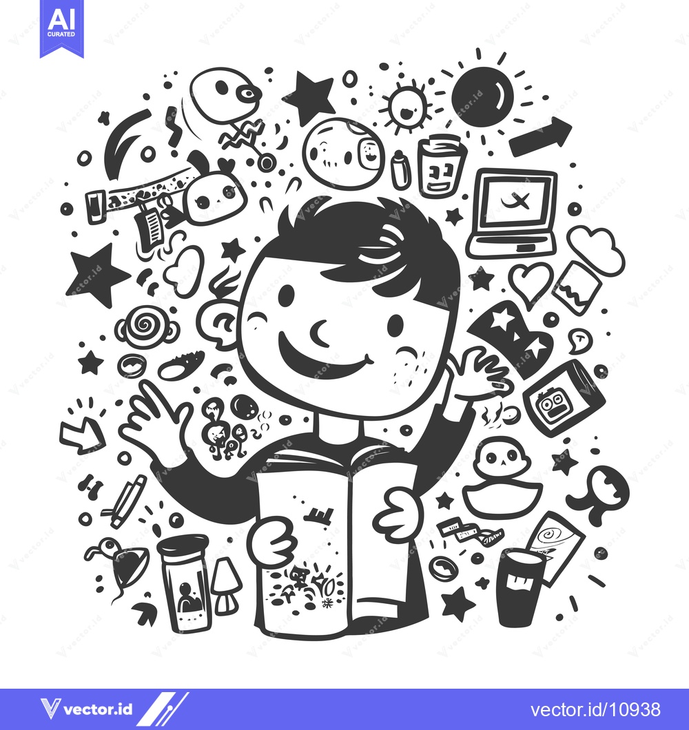 Premium Vector dari A Boy Surrounded by Doodle-Like Drawings While Holding an Open Book