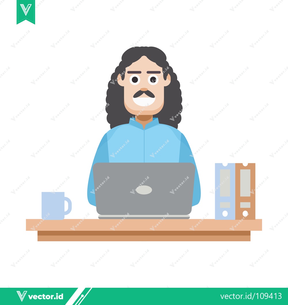 Premium Vector of Man with long hair and mustache working on a laptop at his desk