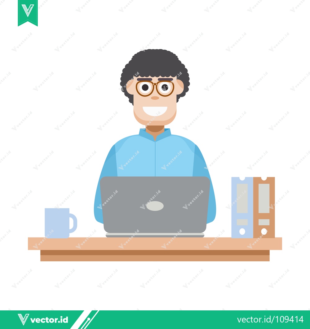 Premium Vector dari Man Working on Laptop at Desk with Books and Coffee