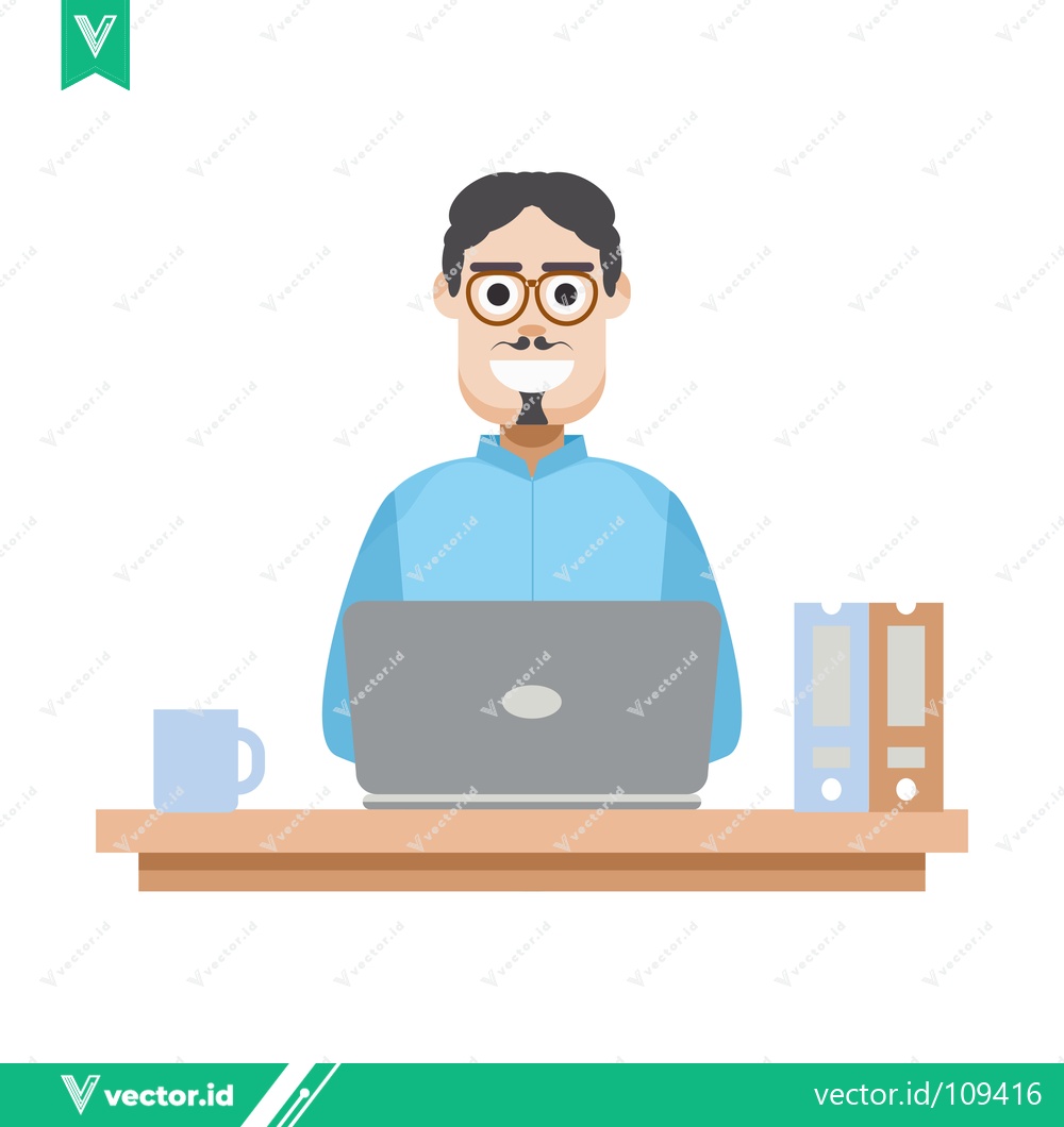 Premium Vector of Man Working on Laptop at Desk with Coffee and Files