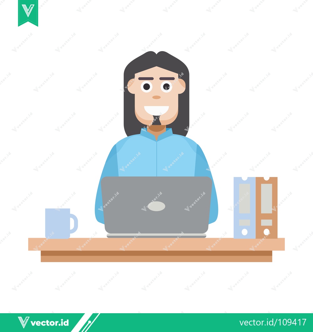Premium Vector of Man working on laptop at desk with coffee and files