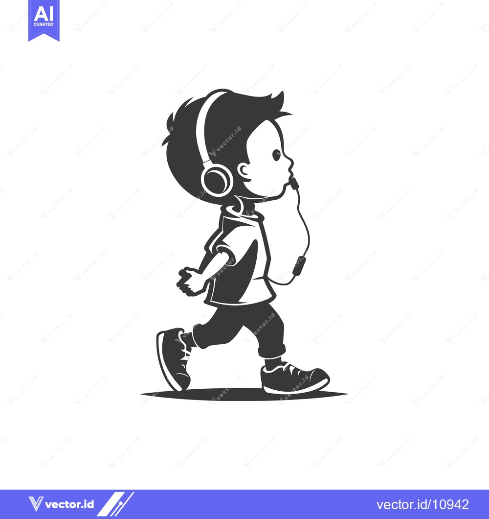Premium Vector of A Boy Walking While Listening to Music with Headphones