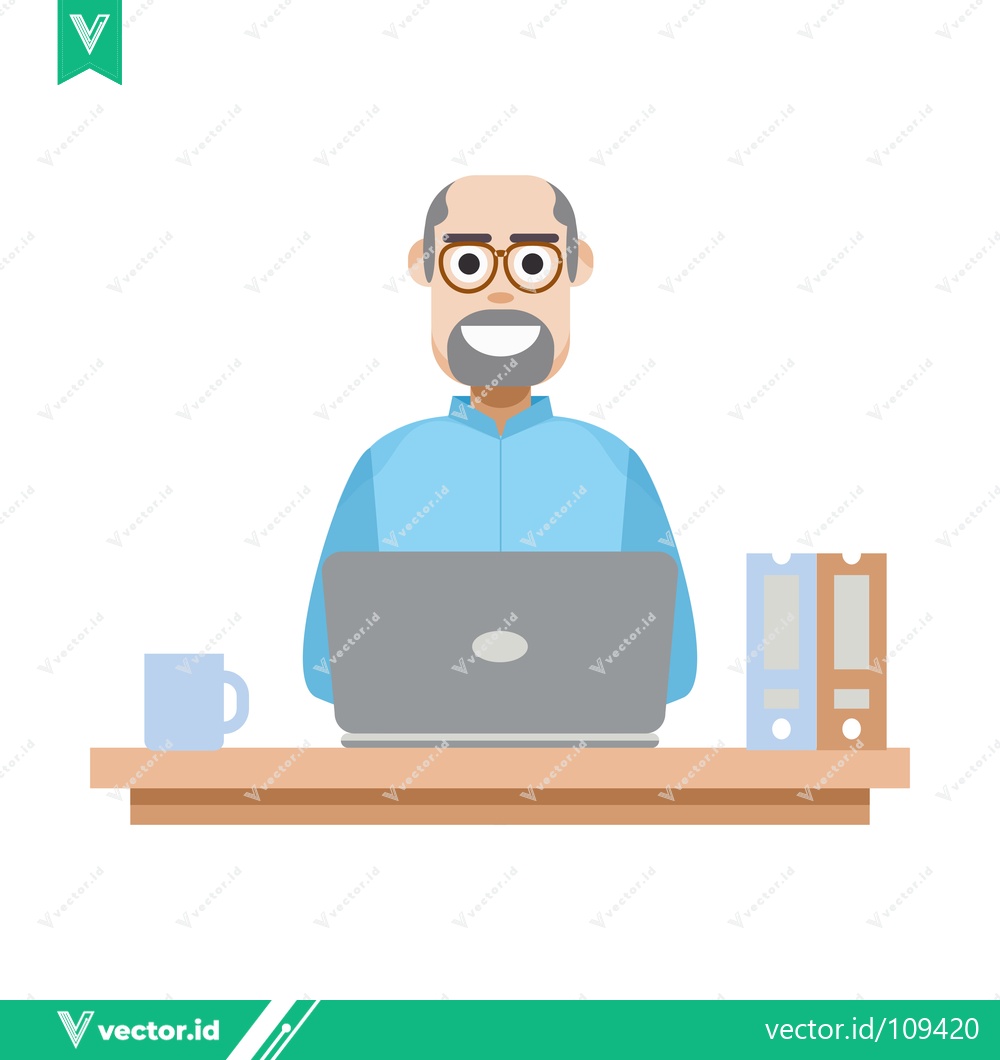 Premium Vector of Elderly Man Working on Laptop at Desk with Coffee and Files