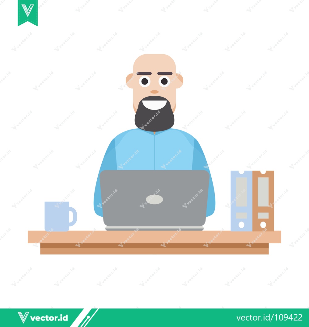 Premium Vector dari Bald Man with Beard Working on Laptop at Desk
